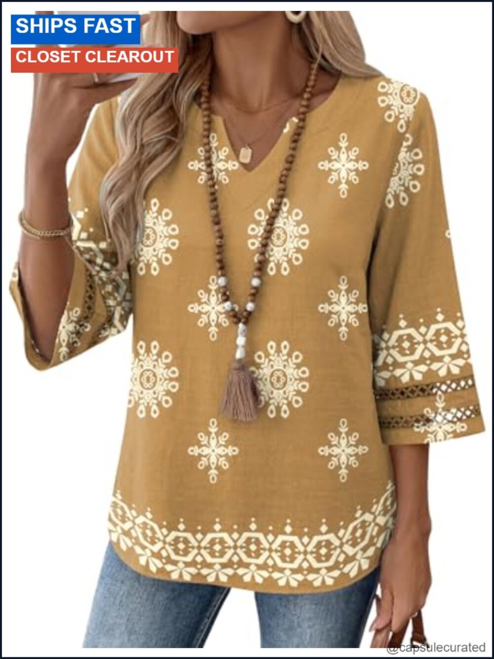 Women's Boho Tunic Top 3/4 Sleeve V-Neck Loose Fit Blouse, Rayon Cotton Linen